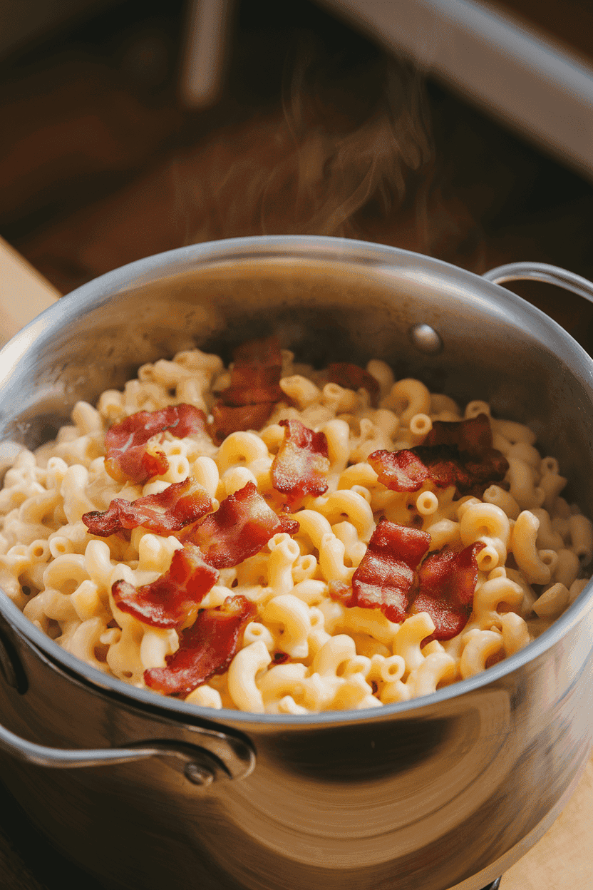 Photo of creamy macaroni and cheese dotted with crisp bacon pieces inside a metal pot on an indoor wooden surface. Steam rises gently; no text or logos present.