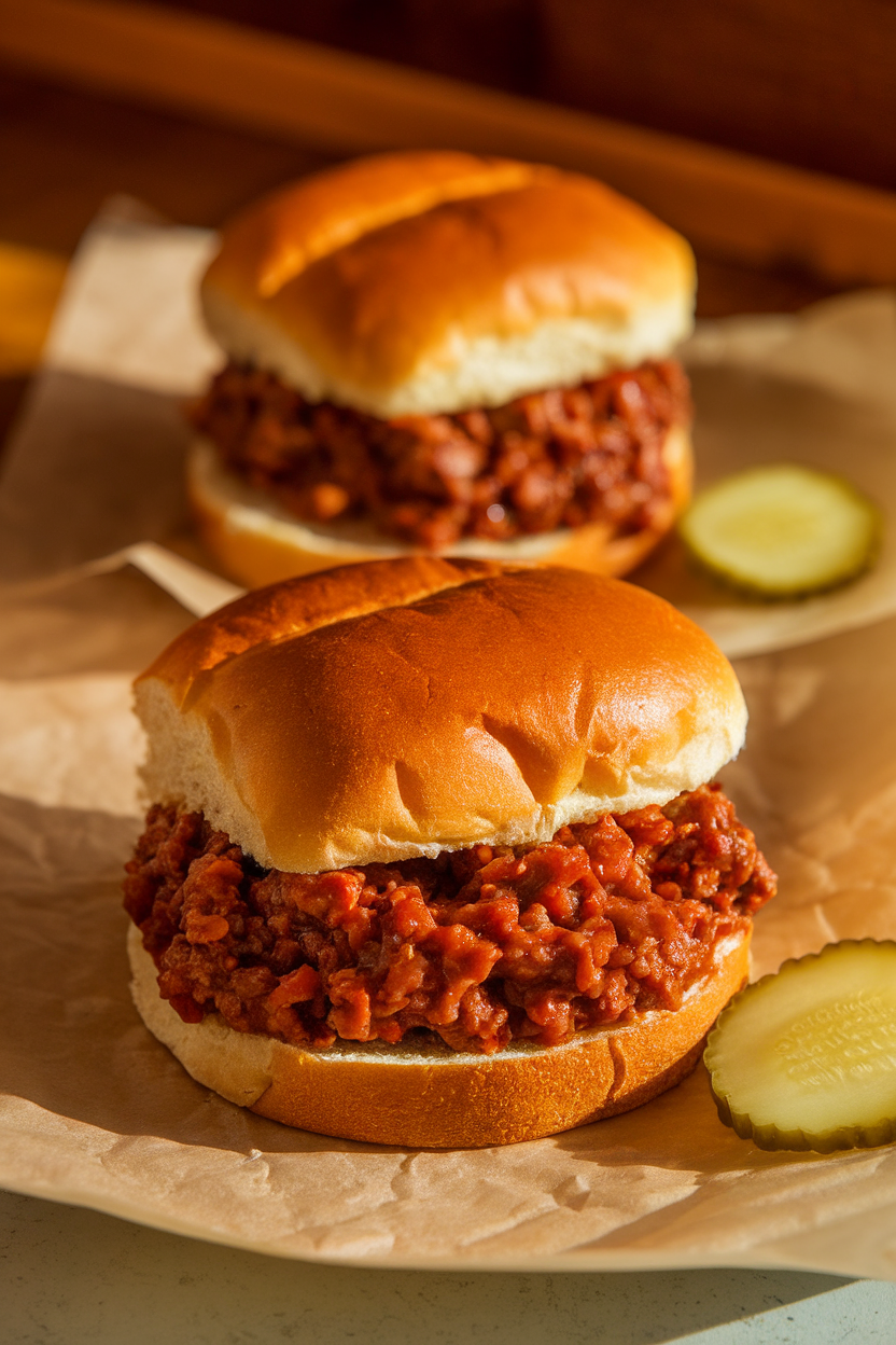 Indoor shot of two saucy sloppy joes on soft hamburger buns with a few pickle slices on the side, photographed at table height under warm lighting. No text or logos. Photo, not illustration.