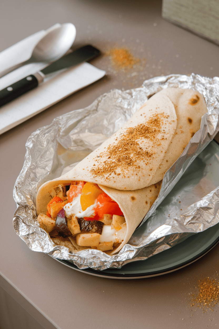 Indoor breakfast counter with a burrito featuring cream cheese, roasted veggies, and everything bagel seasoning sprinkled on top. No text or logos. Photo, not illustration.