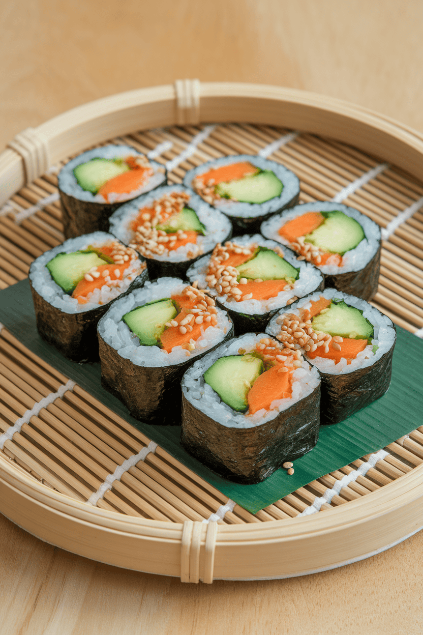 Indoor shot of sliced veggie sushi rolls with avocado, cucumber, and cooked carrot arranged on a bamboo tray. No raw fish, no text or logos.
