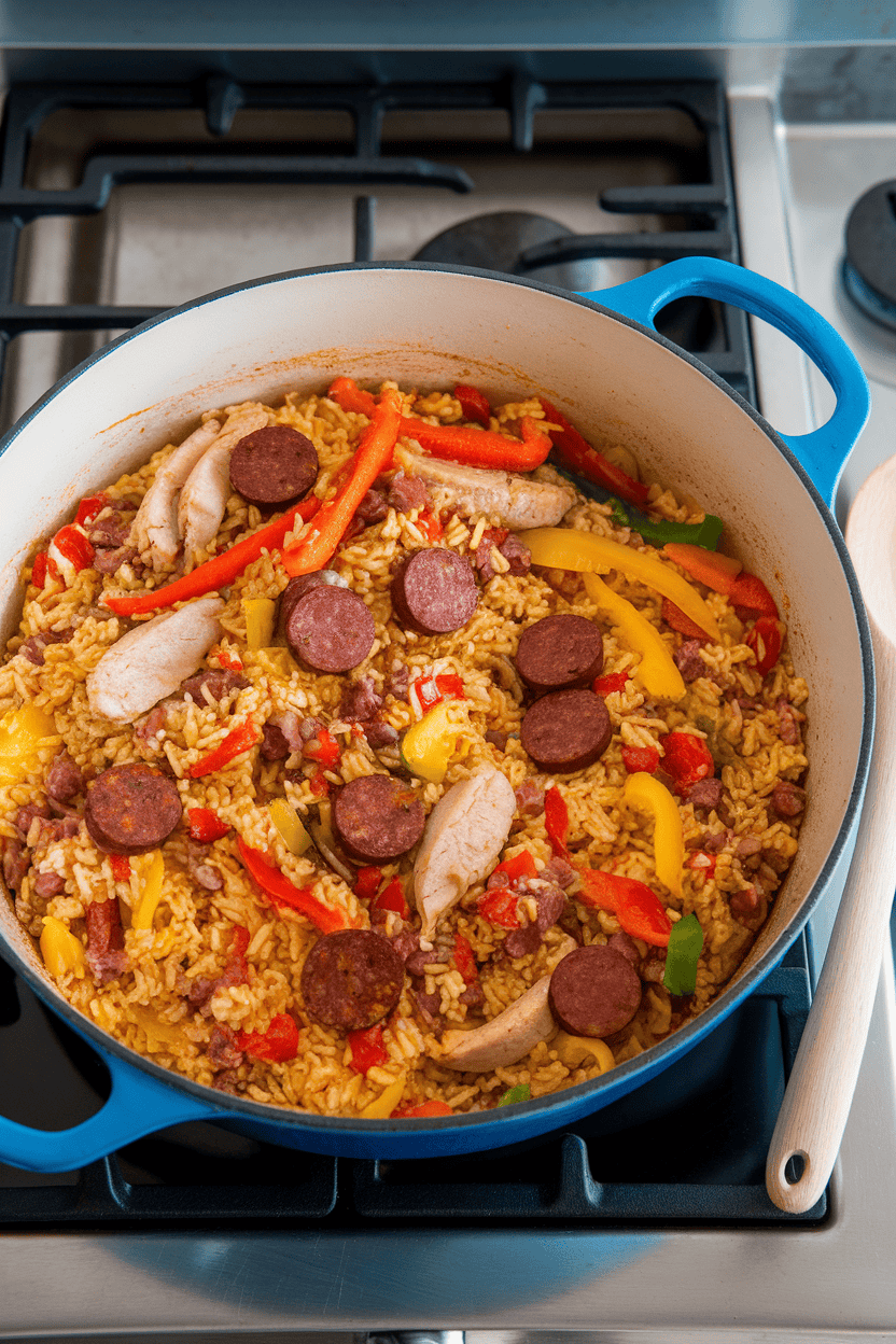 Indoor stovetop with a Dutch oven of vibrant jambalaya—rice dotted with sausage coins, chicken, and bell peppers; no text or logos on cookware.