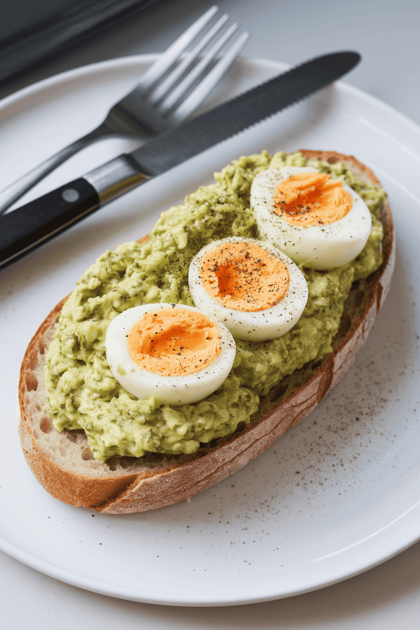 Indoor photo of open-faced sourdough topped with green-tinted pesto egg salad, no text or logos.