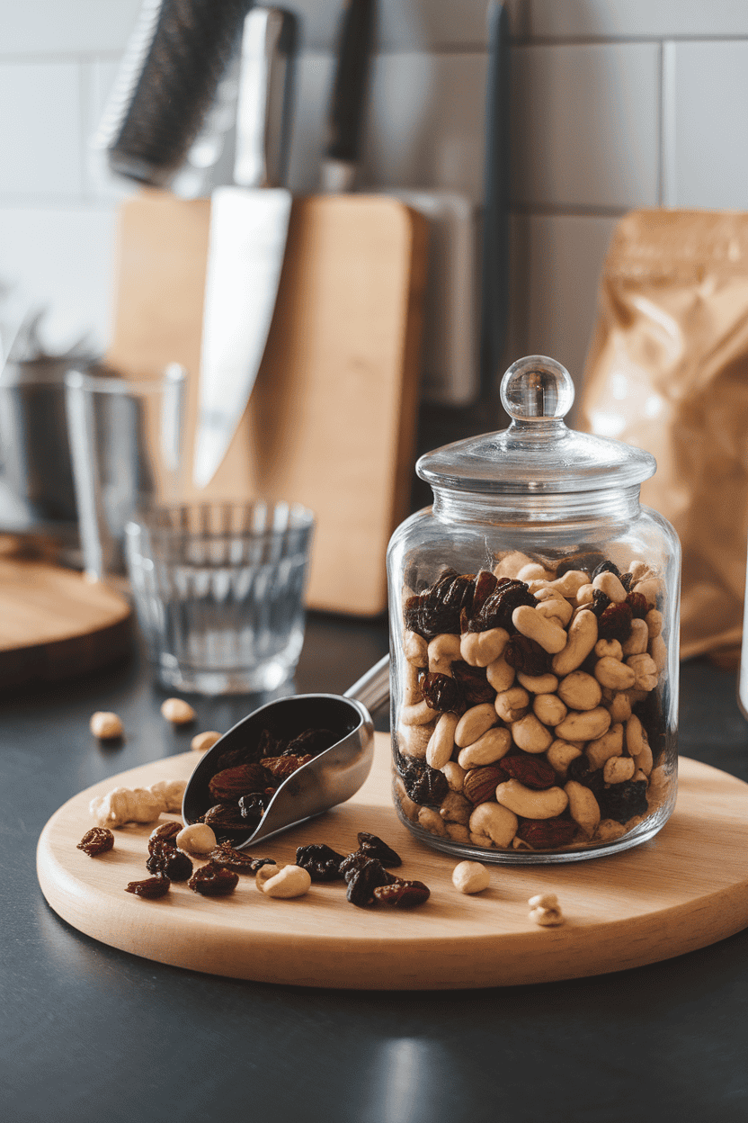 An indoor kitchen counter scattered with a glass jar of mixed nuts, dried cranberries, and dark-chocolate chips beside a small scoop, softly lit, no text or logos visible, captured as a photo.