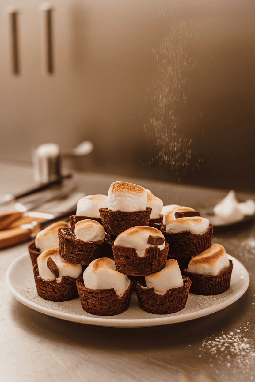 A warm indoor dessert plate stacked with mini brownie cups topped with toasted marshmallow and a piece of chocolate. No text or logos.