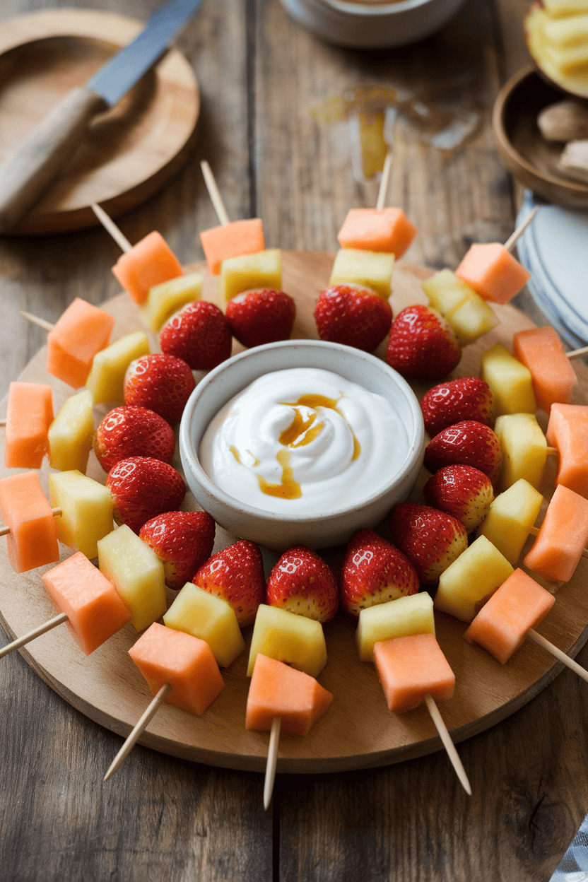 An indoor platter of wooden skewers threaded with chunks of cantaloupe, pineapple, and strawberries, with a small bowl of honey-drizzled yogurt in the center. No text or logos, photo style.