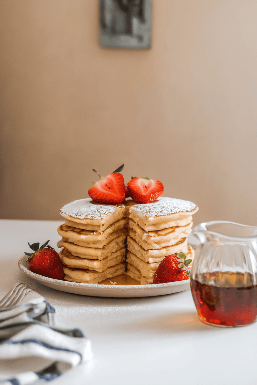 An indoor breakfast table with a stack of fluffy ricotta pancakes topped with powdered sugar and sliced strawberries, maple syrup in a small pitcher nearby. No text or logos. Photo, not illustration.