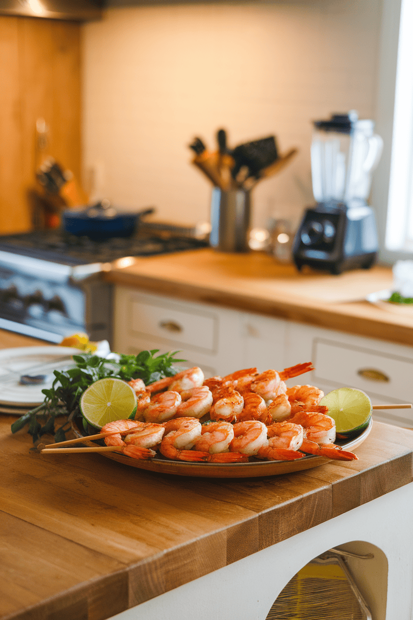 A warmly lit indoor kitchen island displaying a platter of cooked, lightly charred shrimp skewers glazed with a glossy coconut-lime sauce, garnished with lime wedges. Photo, not illustration. No text or logos anywhere in the scene.