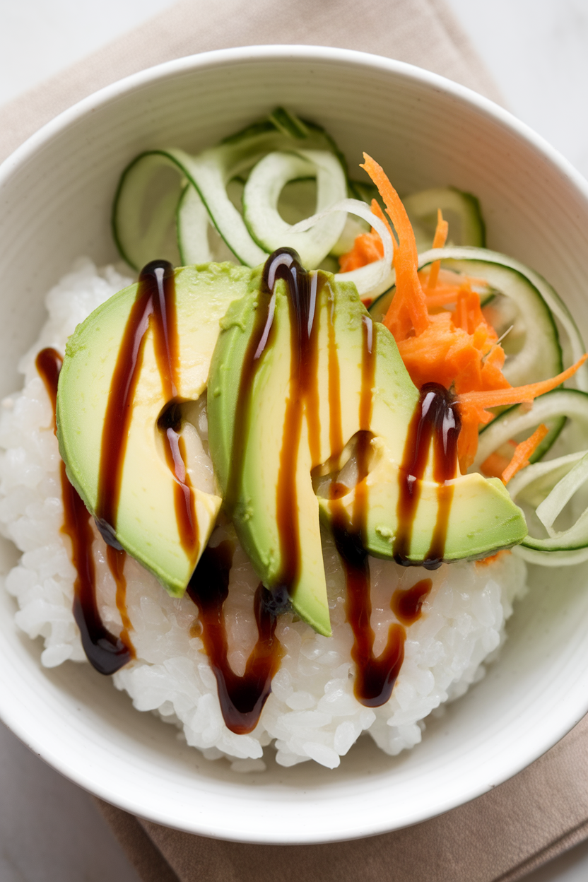 Indoor photo of a bowl of sushi rice topped with avocado slices, cucumber ribbons, shredded carrot, and a drizzle of soy sauce. No text or logos present.