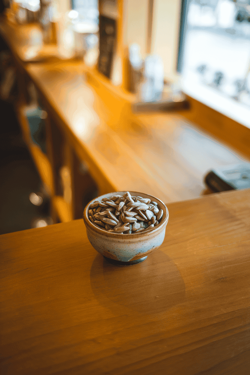 A warmly lit indoor snack bar scene featuring a small ceramic bowl filled with roasted, salted sunflower seeds on a wooden counter. Slight overhead angle, no text or logos anywhere in the frame, photo only.
