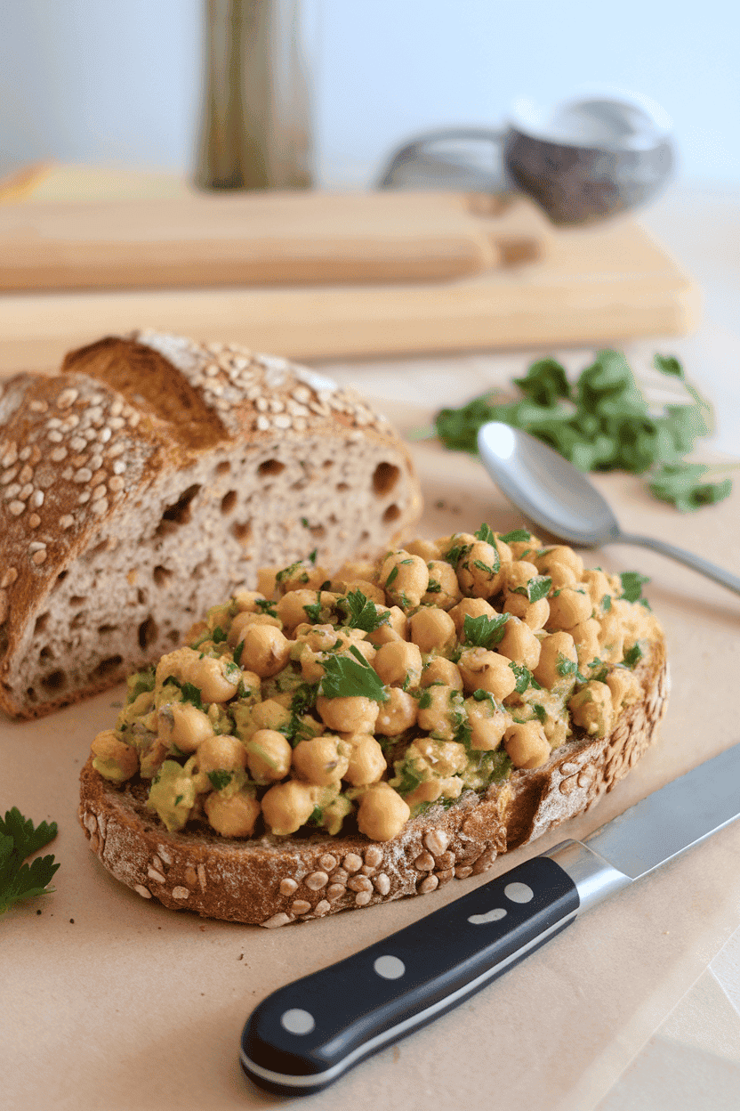 Indoor photo of multigrain bread spread with smashed chickpea salad flecked with parsley, no text or logos.