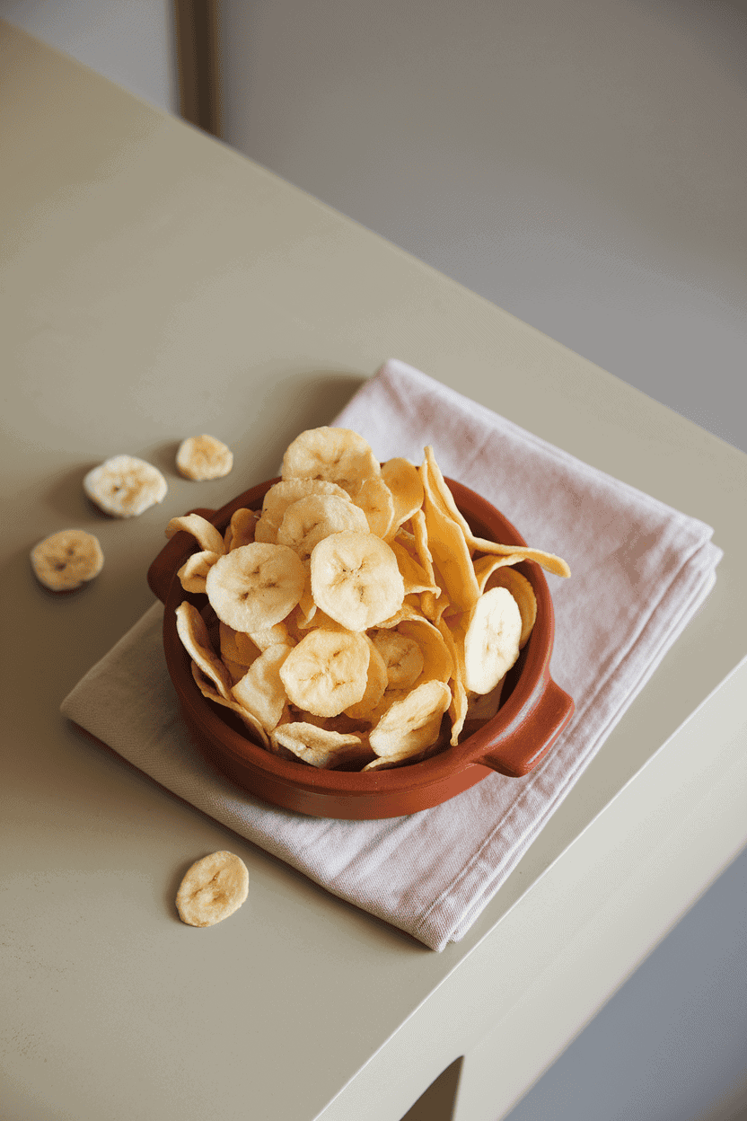 A neutral indoor tabletop featuring a terracotta dish filled with crispy banana chips, photographed from a slight overhead angle. No text or logos present.