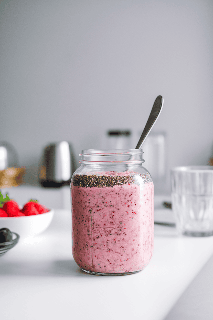 An indoor breakfast bar with a glass jar of speckled berry smoothie, chia seeds floating on top, accompanied by a spoon; soft top lighting; photograph, not illustration; no text or logos.