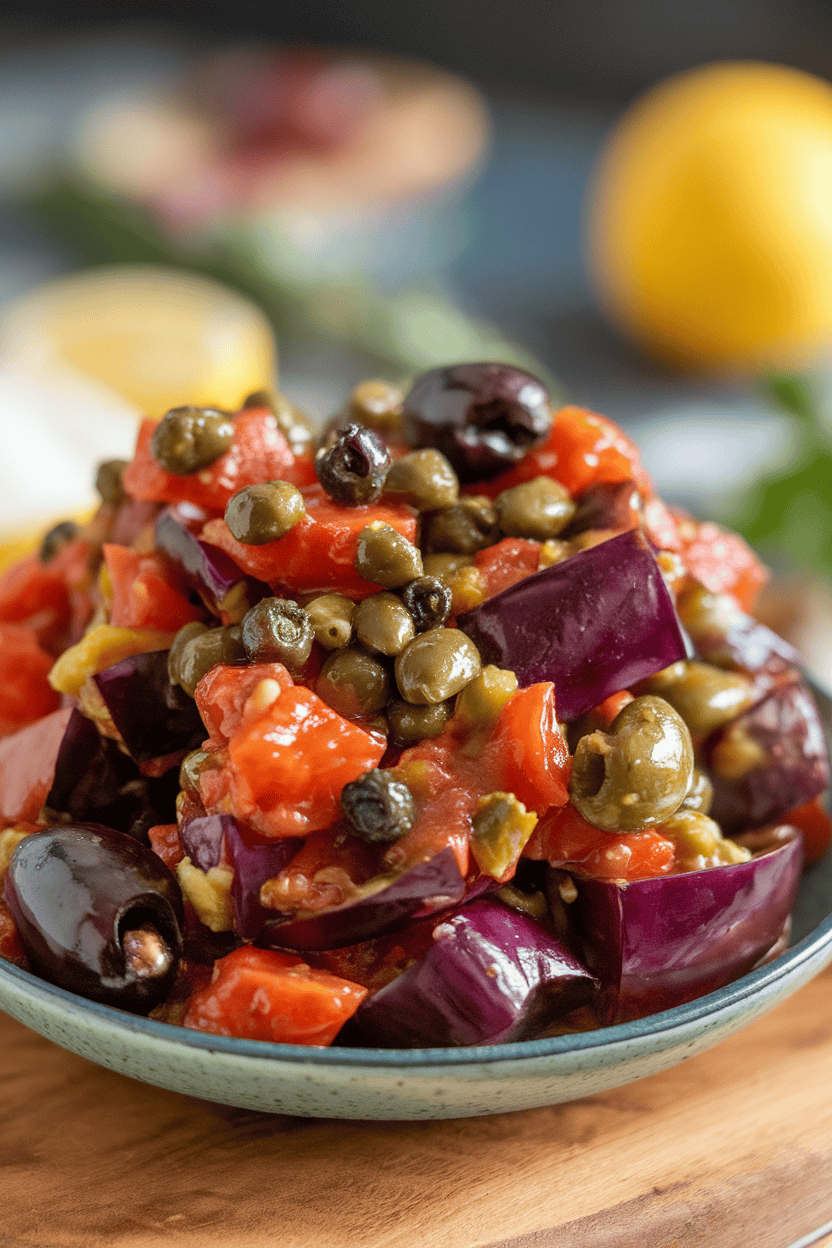 A shallow indoor bowl of Sicilian eggplant caponata—diced eggplant, tomatoes, capers, and olives glistening in sweet-sour glaze. No text or logos. Photo, not illustration.