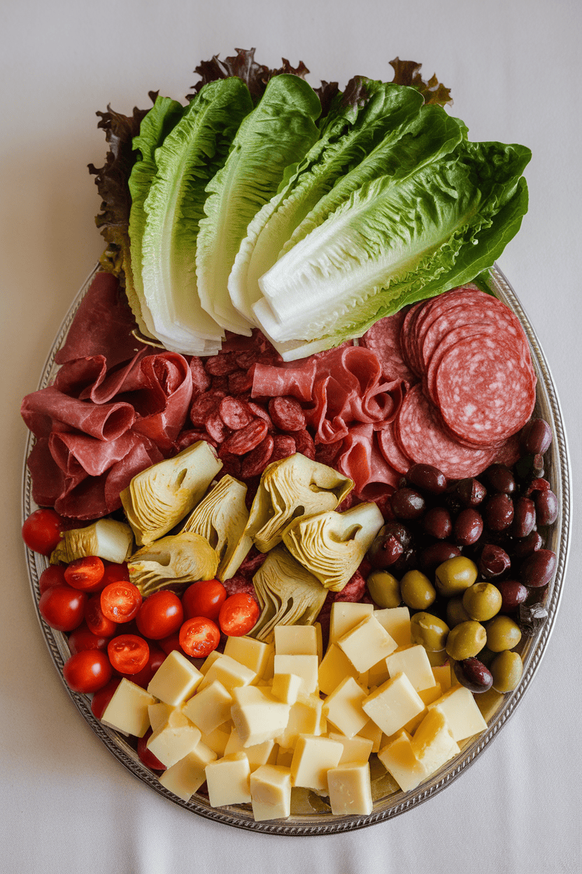 Indoor platter featuring romaine, salami slices, artichoke hearts, olives, cherry tomatoes, and provolone cubes. Photo only, no text or logos.