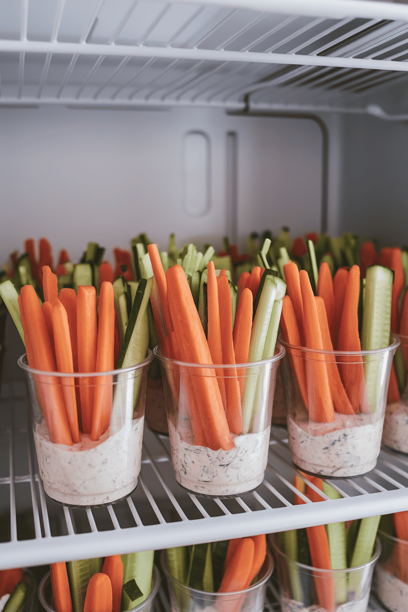 An indoor refrigerator shelf holding several clear plastic cups filled with carrot sticks, celery, and cucumber strips, ranch dip portioned at the bottom. Photo, not illustration. No text or logos.