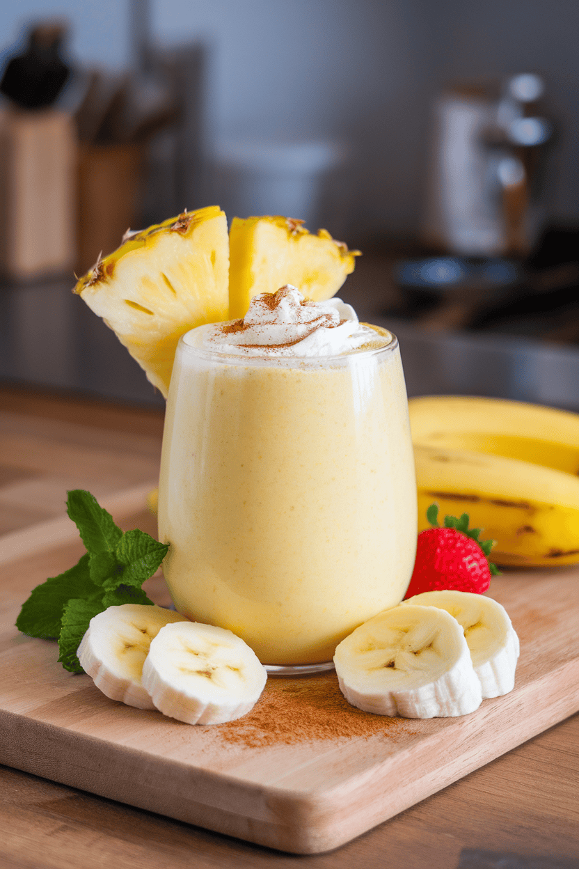 Indoor scene with a sunny yellow smoothie, pineapple wedges and banana slices placed neatly on a cutting board. Photo, no text or logos.
