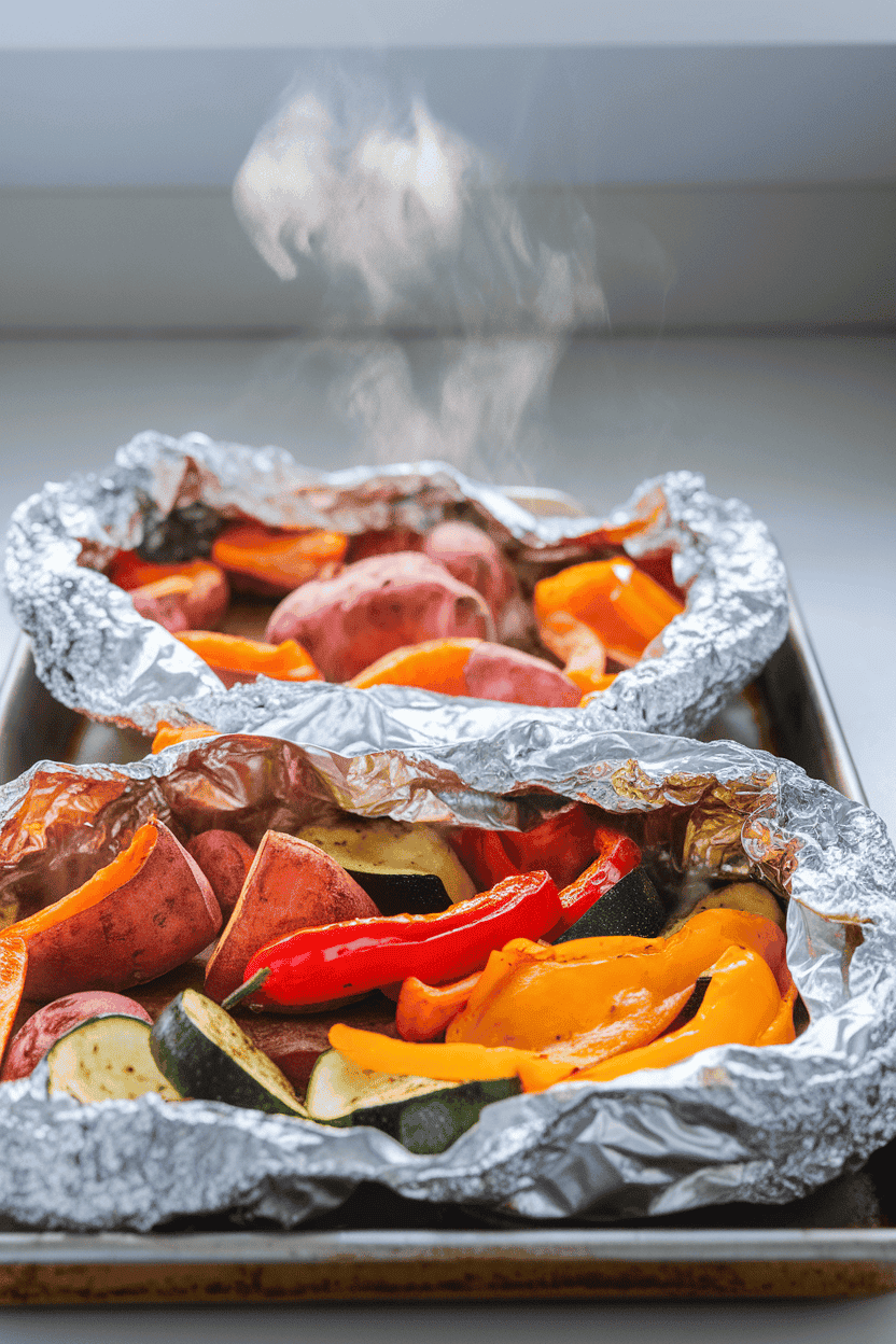 A brightly lit indoor baking sheet with opened foil packets revealing roasted sweet potatoes, bell peppers, and zucchini, steam still rising. No logos visible.