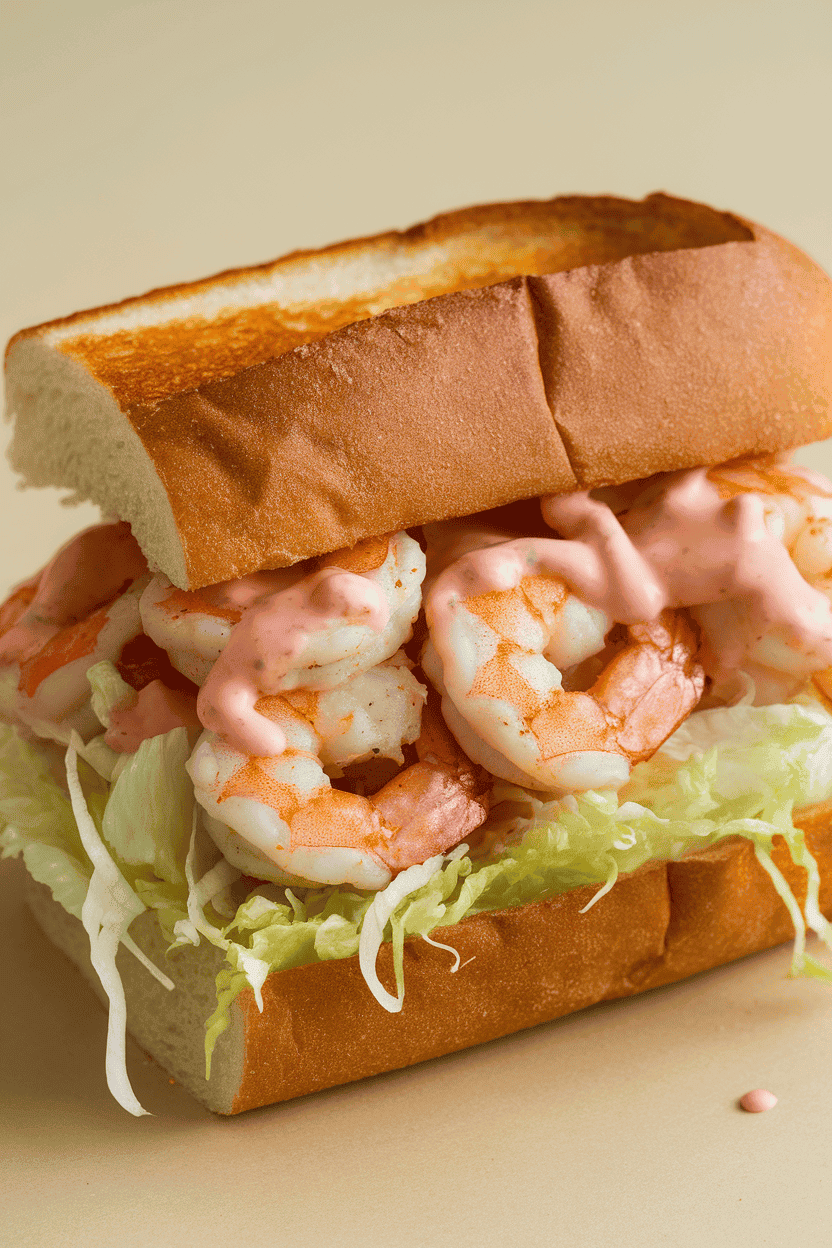 Indoor photo of a toasted French roll packed with cooked Cajun shrimp, shredded lettuce, and remoulade sauce, no text or logos.