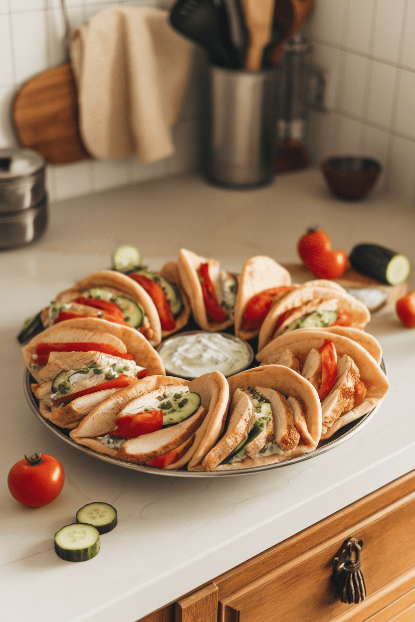 Indoor kitchen island with a platter of warm pita pockets stuffed with sliced cooked chicken, tomatoes, cucumber, and tzatziki sauce; no logos, photo not illustration.