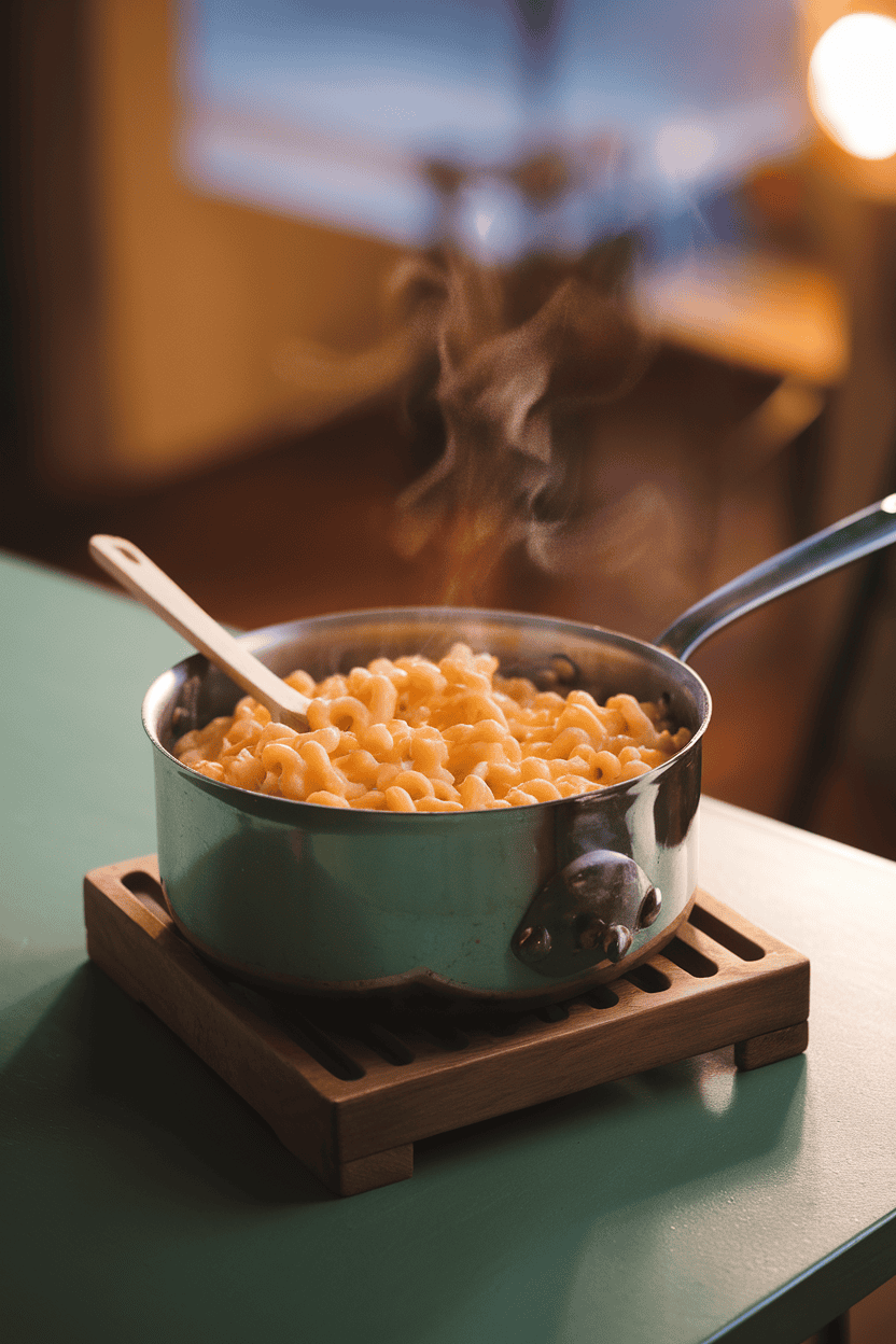 Indoor table with a saucepan of creamy stove-top macaroni and cheese, wooden spoon resting inside, steam visible. No logos or text, warm evening light. Photo only.