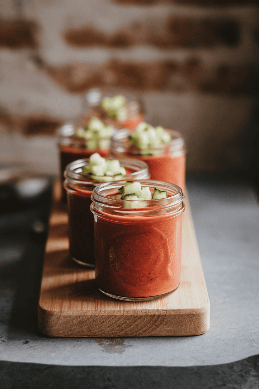 Photo prompt: Indoor row of small glass jars filled with smooth red gazpacho, garnished with diced cucumber; no text or logos.