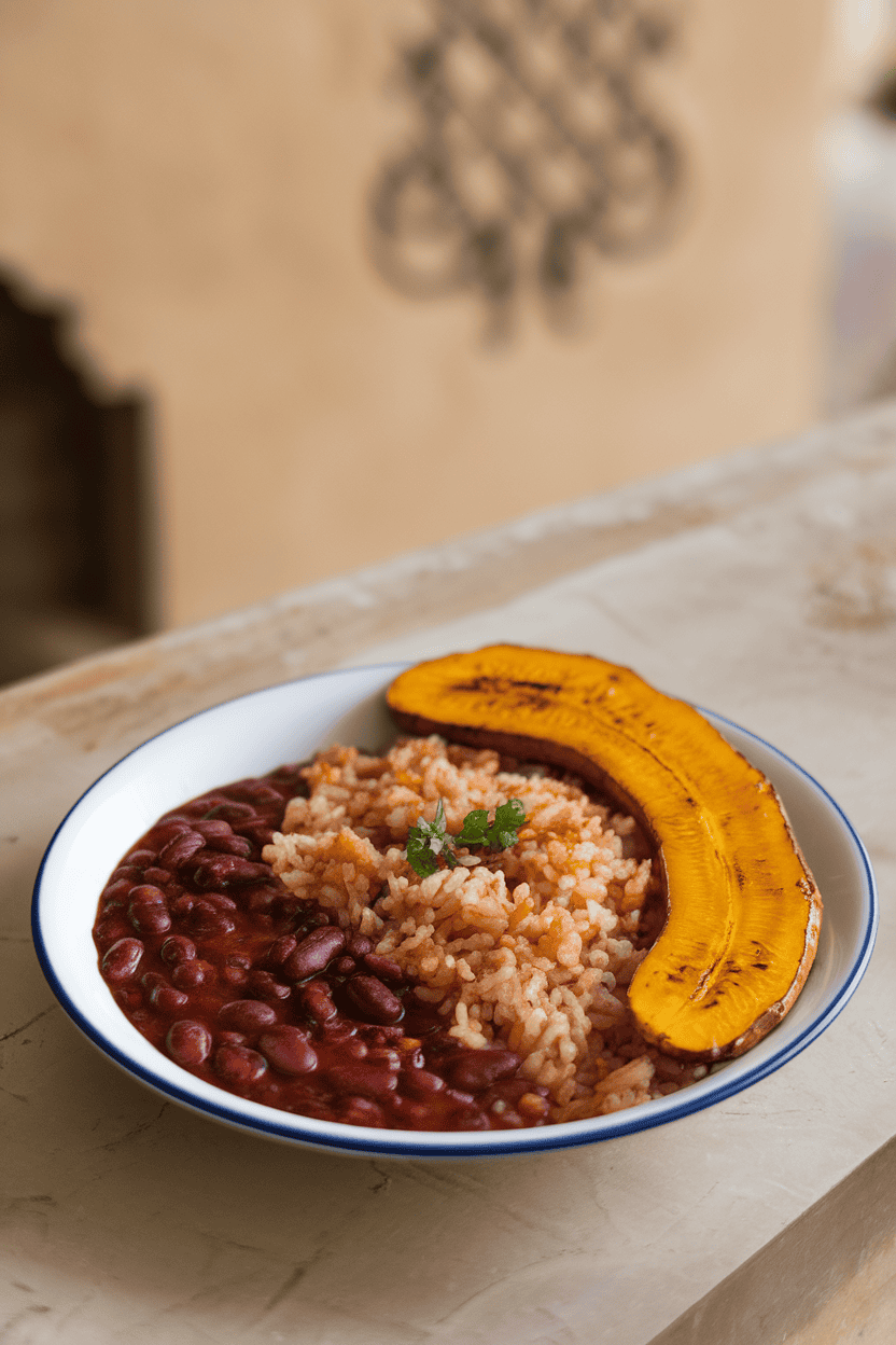 Indoor tabletop showing a plate of red beans and rice alongside golden sautéed plantain slices, no logos or text visible.