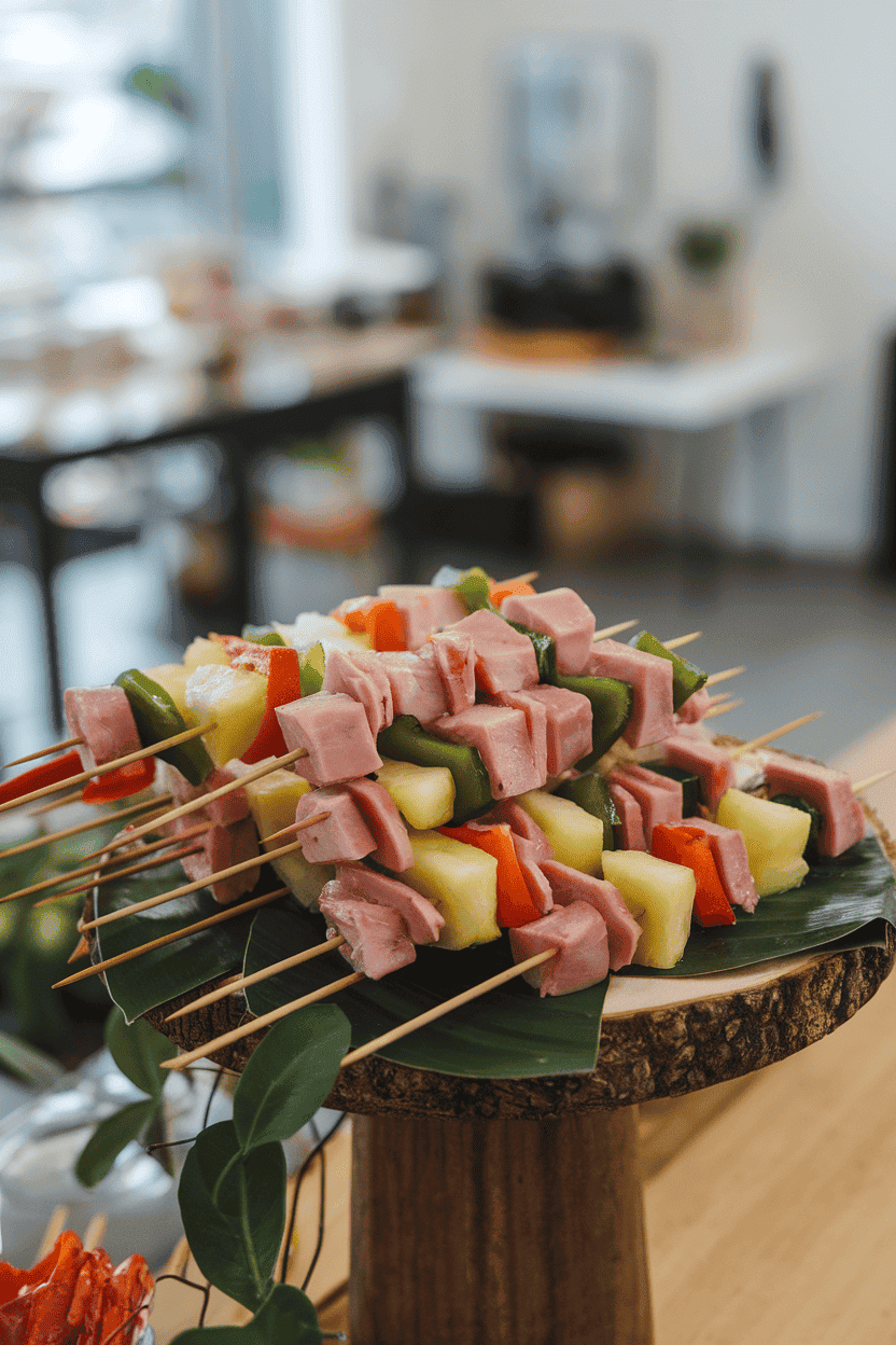 Photo of skewers with cooked ham cubes, pineapple chunks, and bell pepper pieces resting on a platter indoors. No text or logos visible.
