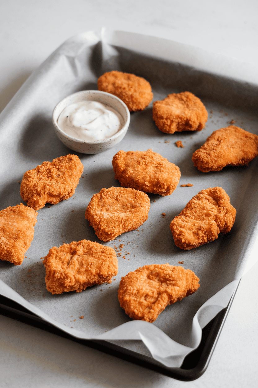 A parchment-lined indoor baking sheet with golden breaded chicken nuggets, a small dish of yogurt ranch on the side. No logos or text.