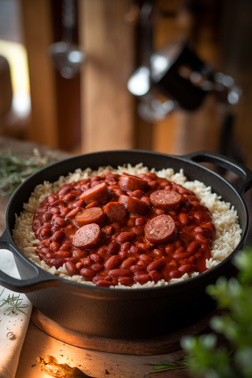 Indoor photo of smoky red beans studded with sausage rounds, served over fluffy rice inside a cast-iron pot. No visible text or logos.