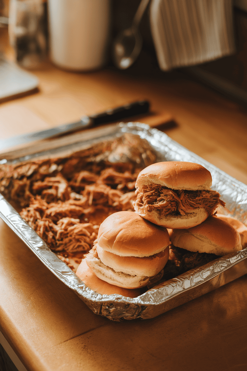 Indoor photo of a foil pan filled with cooked pulled pork beside a stack of slider buns, all on a kitchen island. Warm light, logo-free.