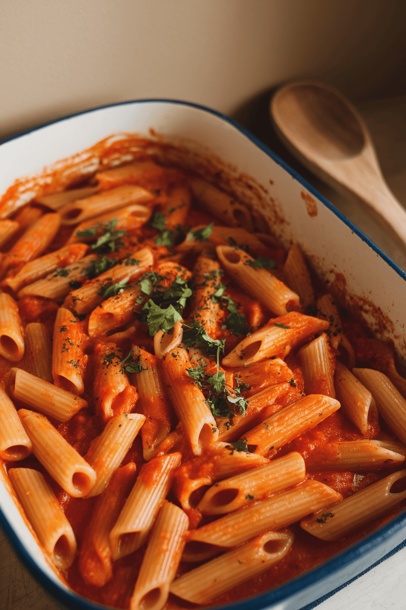 A shallow indoor casserole dish of penne bathed in bright red tomato sauce, garnished with parsley and a hint of red-chili flakes. Warm under-cabinet lighting highlights the glossy sauce. No text or logos. Photo, not illustration.