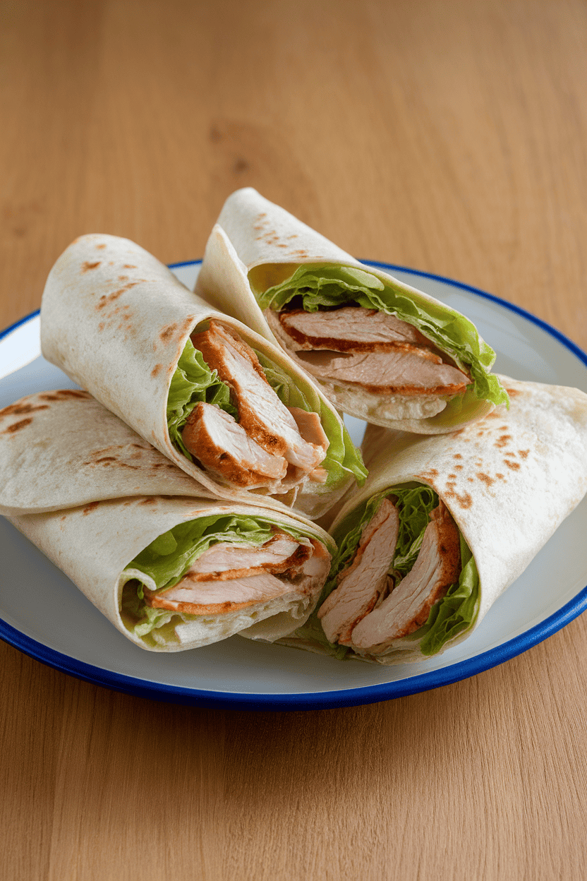 An indoor lunch plate containing flour tortilla wraps sliced on the bias, showing grilled chicken, romaine, and Caesar dressing inside. No text or logos visible.