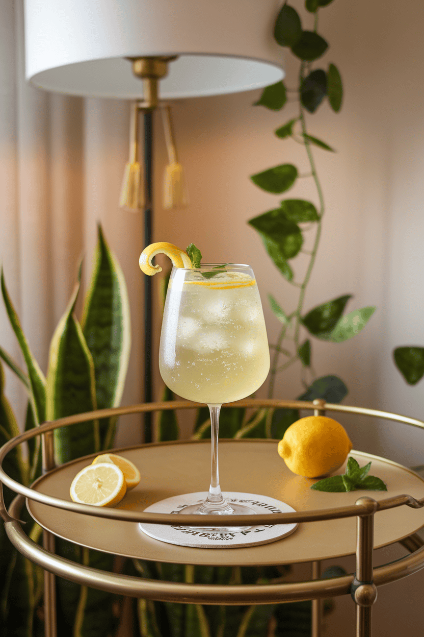 An indoor bar cart scene featuring a stemmed glass of pale yellow limoncello spritz with ice cubes, a lemon twist garnish, and gentle bubbles. No text or logos. Photo, not illustration.