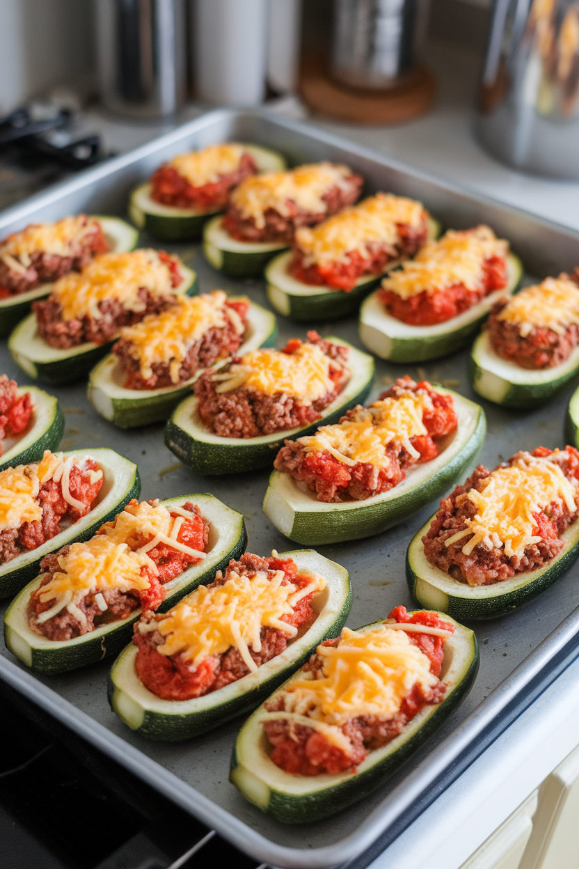 Indoor baking tray with halved zucchini filled with tomato-beef mixture and sprinkled cheese, fresh out of the oven. No logos or text. Photo, not illustration.