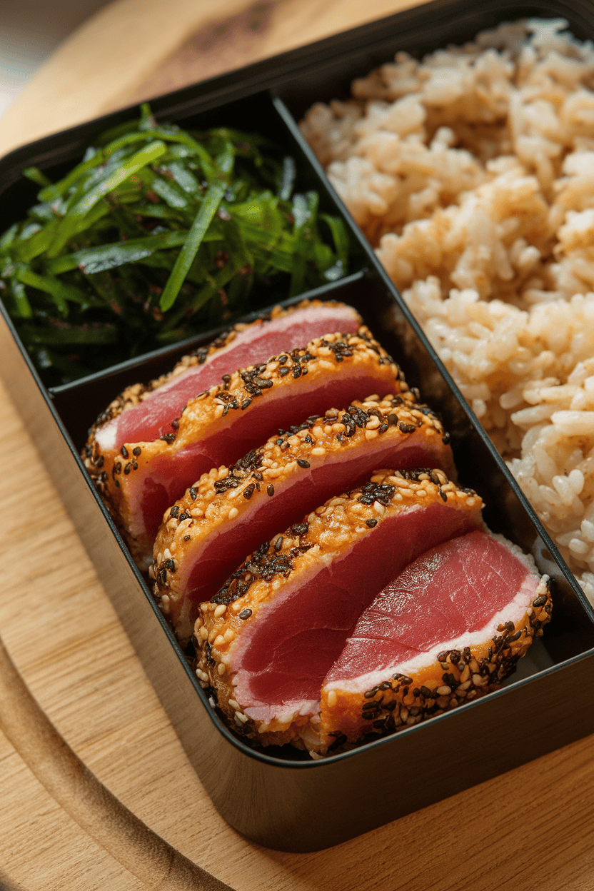 An indoor bento box with sliced sesame-crusted, seared ahi tuna (fully cooked on the exterior), a portion of seasoned seaweed salad, and fluffy brown rice; no text or logos; photo only.