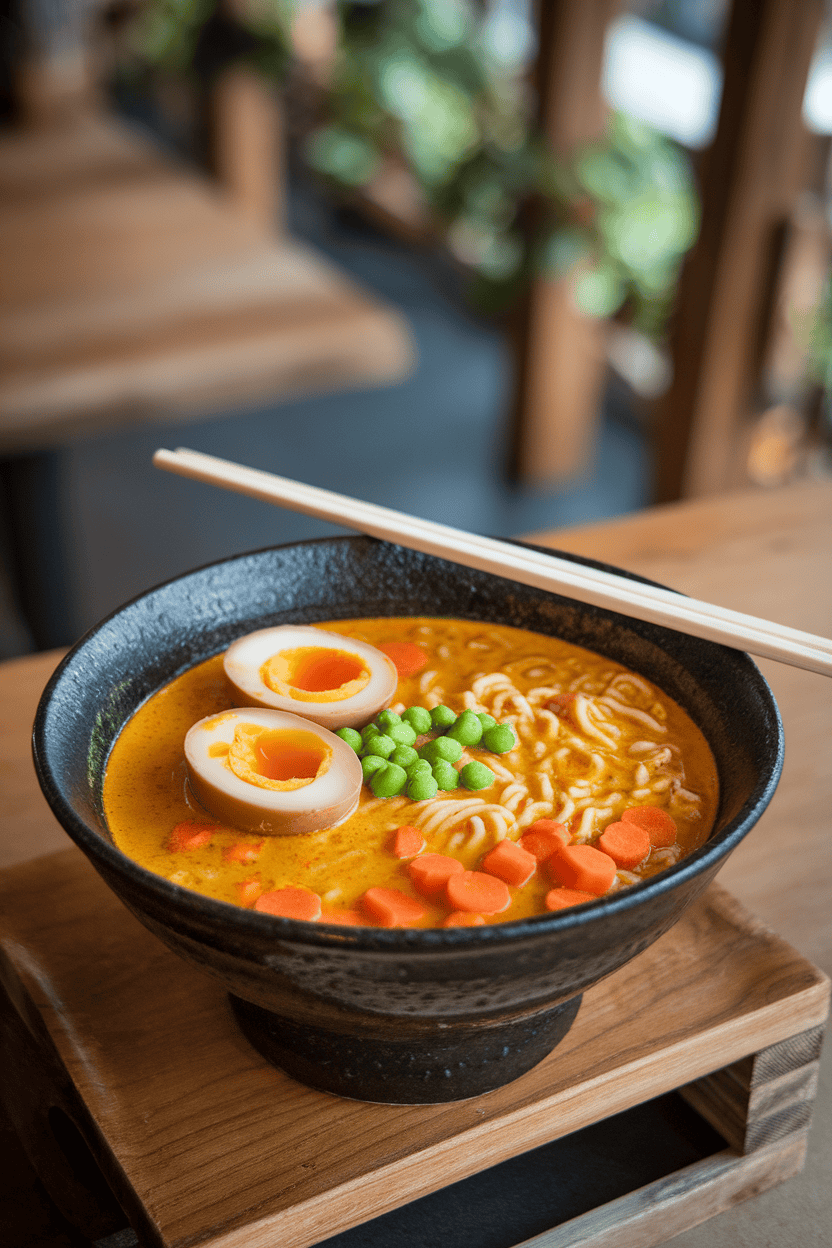 Indoor photo of a deep bowl filled with curry-spiced ramen noodles, diced carrots and peas floating in the broth, chopsticks resting across the rim. No logos present.