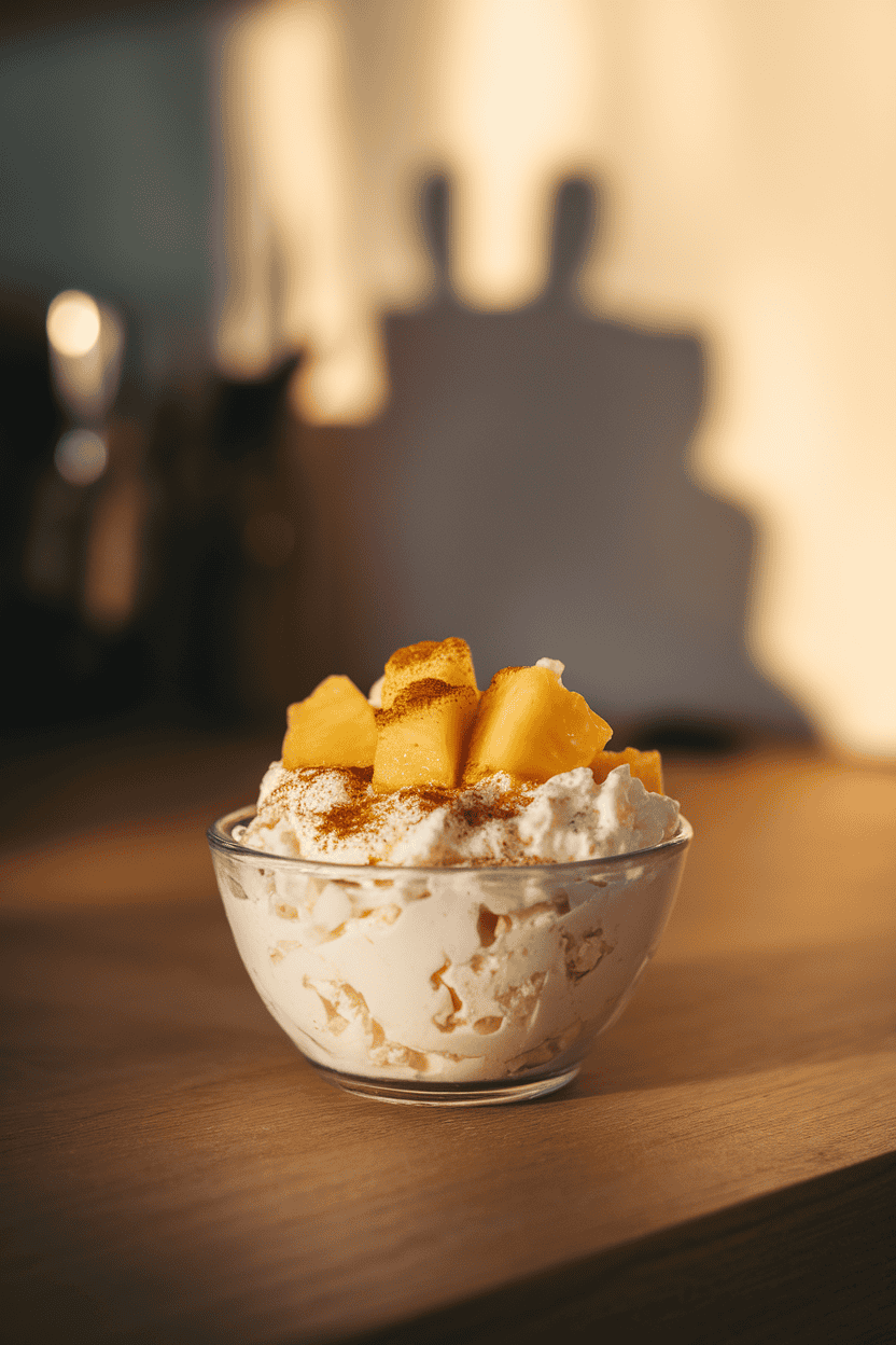 Photo of a small bowl of cottage cheese topped with pineapple chunks and a sprinkle of cinnamon, under indoor lighting; no text or logos.