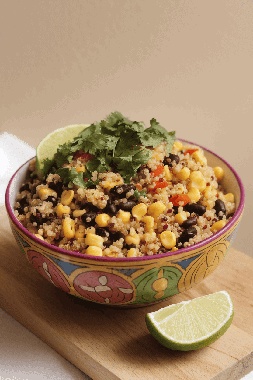Indoor photo of a colorful bowl containing quinoa mixed with black beans, corn, diced red pepper, and chopped cilantro, lime wedges on the side. Bright lighting; no text or logos anywhere.