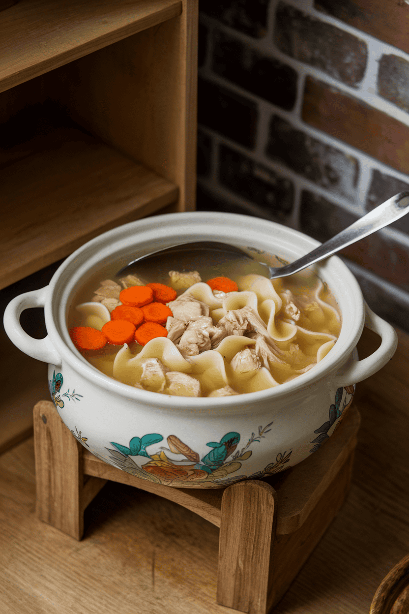 Indoor soup tureen filled with clear broth, diced chicken, wide noodles, and carrot coins, ladle resting inside. No logos or text.