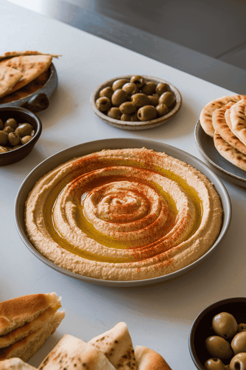 Indoor countertop with a shallow dish of creamy hummus swirled with roasted pepper purée, olive oil puddling, and paprika dusting. No text or logos.