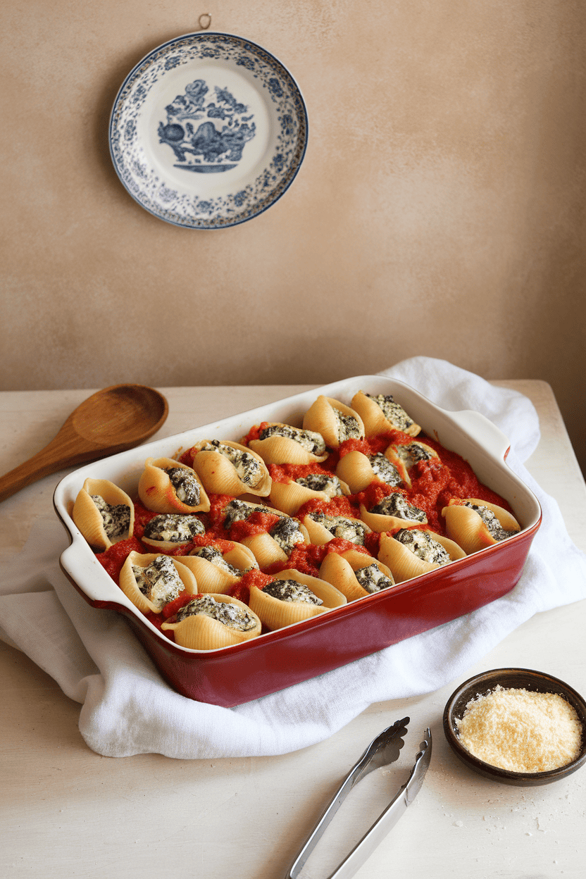 An indoor kitchen table showcasing a casserole dish of jumbo pasta shells filled with spinach ricotta mixture under marinara sauce. No text or logos.