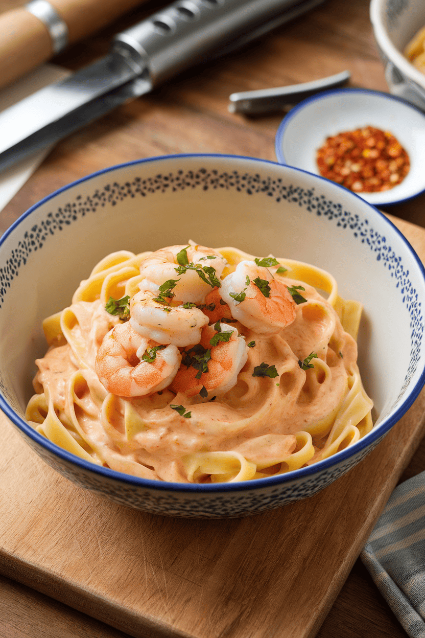 Indoor kitchen island showing a porcelain bowl of fettuccine coated in creamy Alfredo sauce, topped with sautéed shrimp and chopped parsley; no text or logos on dishware.
