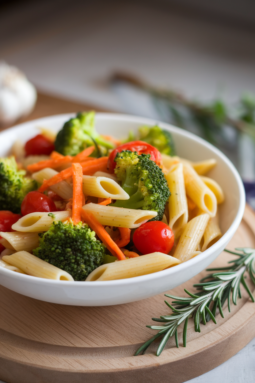 Indoor photo of a bowl of penne tossed with bright green broccoli, cherry tomatoes, and shredded carrots, lightly coated in olive oil. No text or logos anywhere.