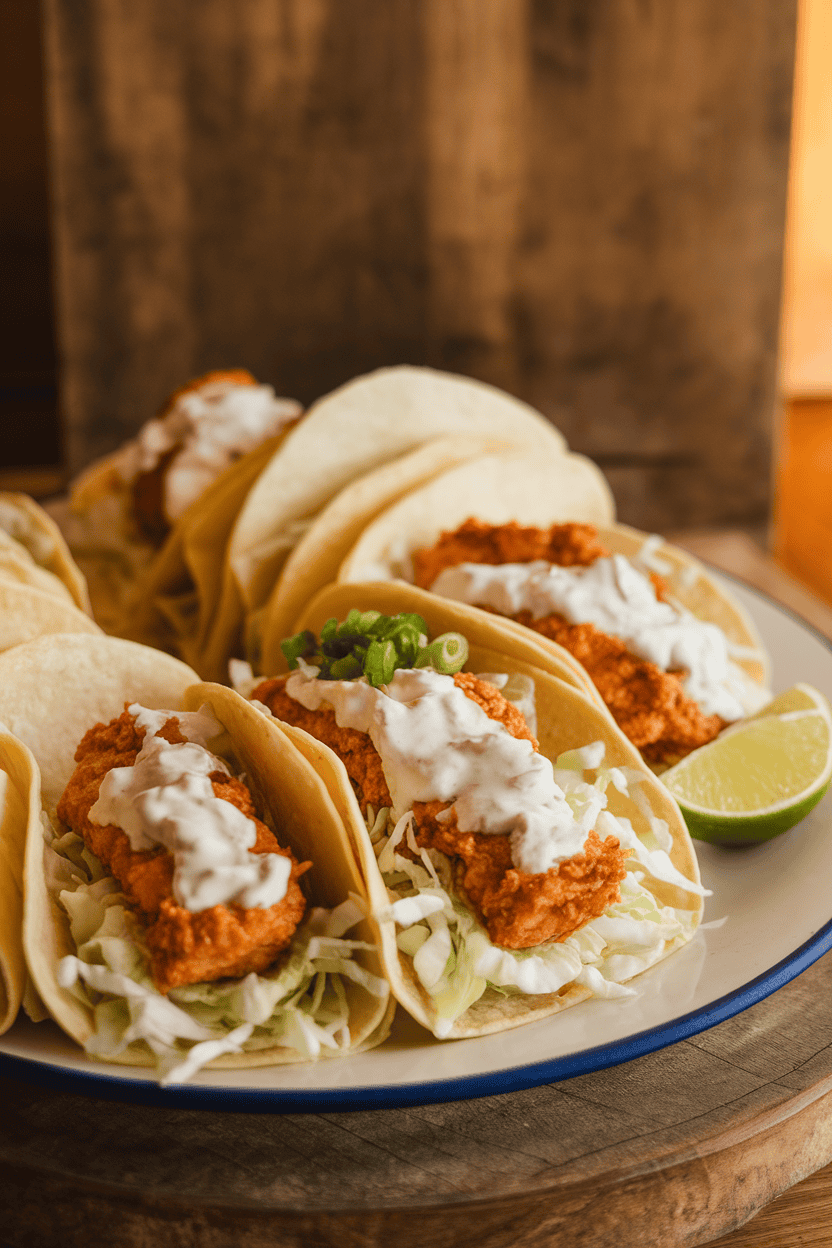 Indoor photo of corn tortillas filled with battered, cooked white fish, shredded cabbage, and creamy lime sauce, laid out on a platter. Warm lighting, no text or logos present.