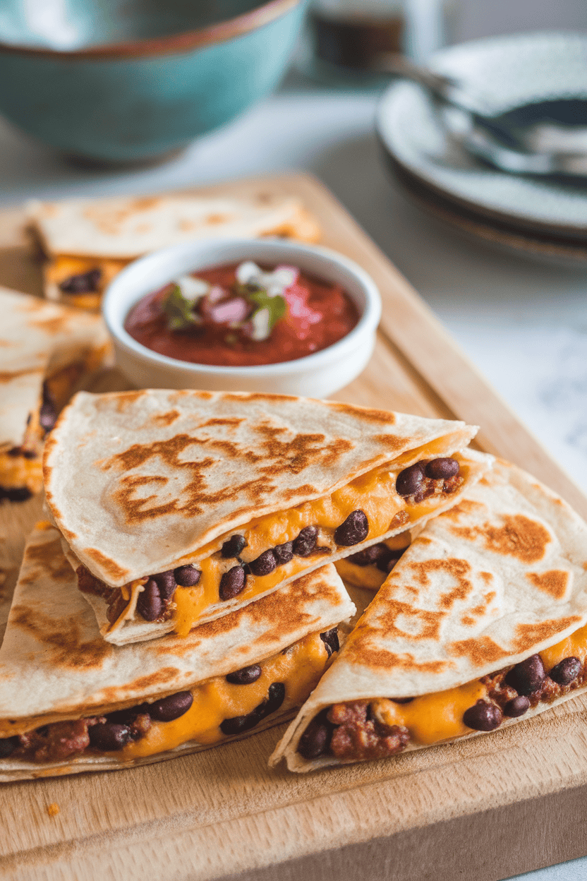 Indoor photo of a cutting board holding wedge-sliced quesadillas with melted cheese oozing alongside black beans, a small bowl of salsa nearby. No text or logos visible.