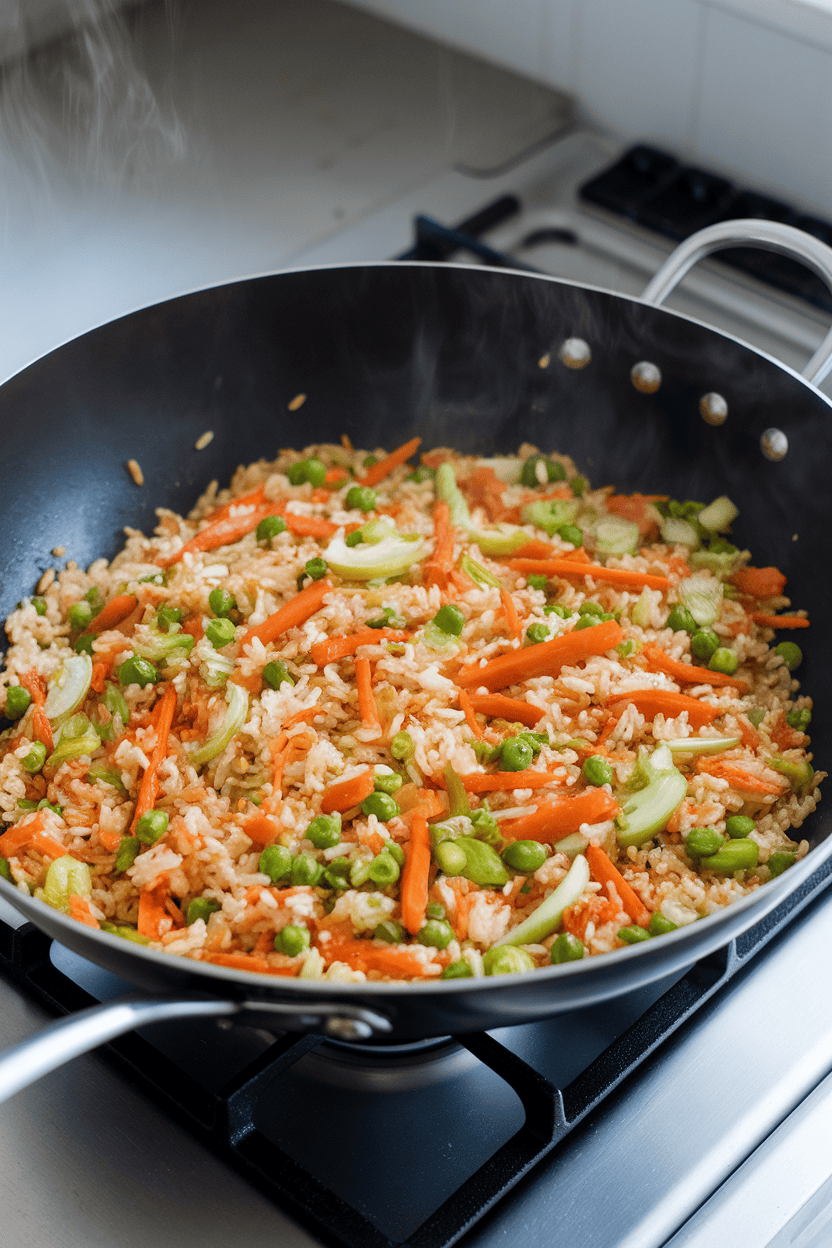 Photo of a wok filled with colorful vegetable fried rice—carrots, peas, scallions—on an indoor stovetop, steam rising; no text or logos visible.