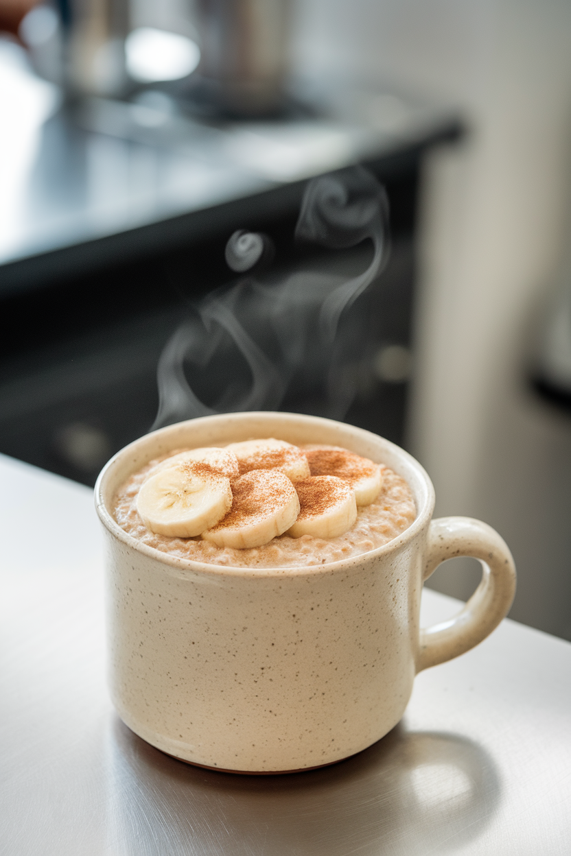 Photo — an indoor office kitchenette counter with a ceramic mug of plain oatmeal topped with sliced bananas and a sprinkle of cinnamon. Steam rising gently; no text or logos anywhere.