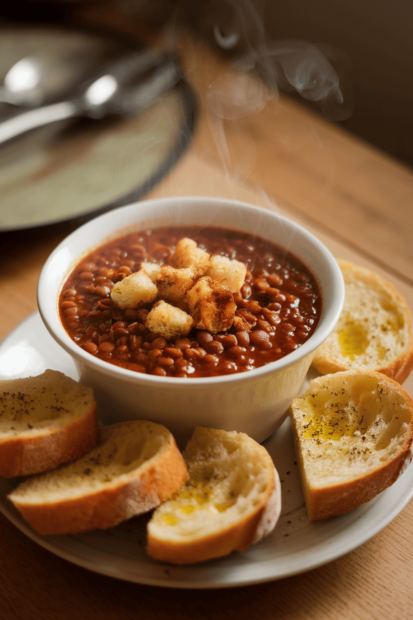 Indoor photo of a steaming bowl of hearty lentil soup on a wooden table, accompanied by slices of garlic bread; warm lighting, no text or logos.