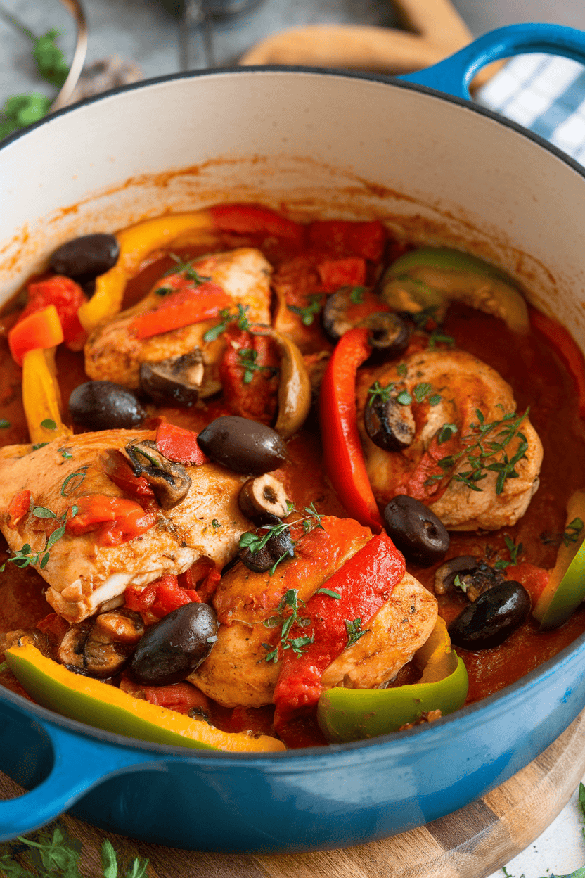Indoor Dutch oven containing braised chicken pieces, bell peppers, mushrooms, and olives in a rich tomato sauce. No text or logos visible.