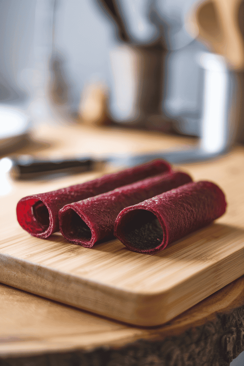 A wooden cutting board indoors with rolled strips of deep-red strawberry fruit leather, ends curling slightly. Soft side lighting; no text or logos; photo, not illustration.